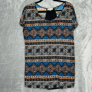 Lavish XL Shirt Top Blue Orange Striped Aztec Cap Sleeve Scoop Neck Stretch